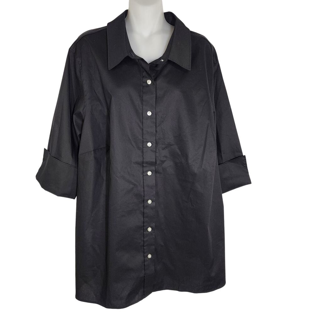 Lands' End Womens Shirt No Gape 3/4 Sleeve Button Front Stretch Size 24W Black